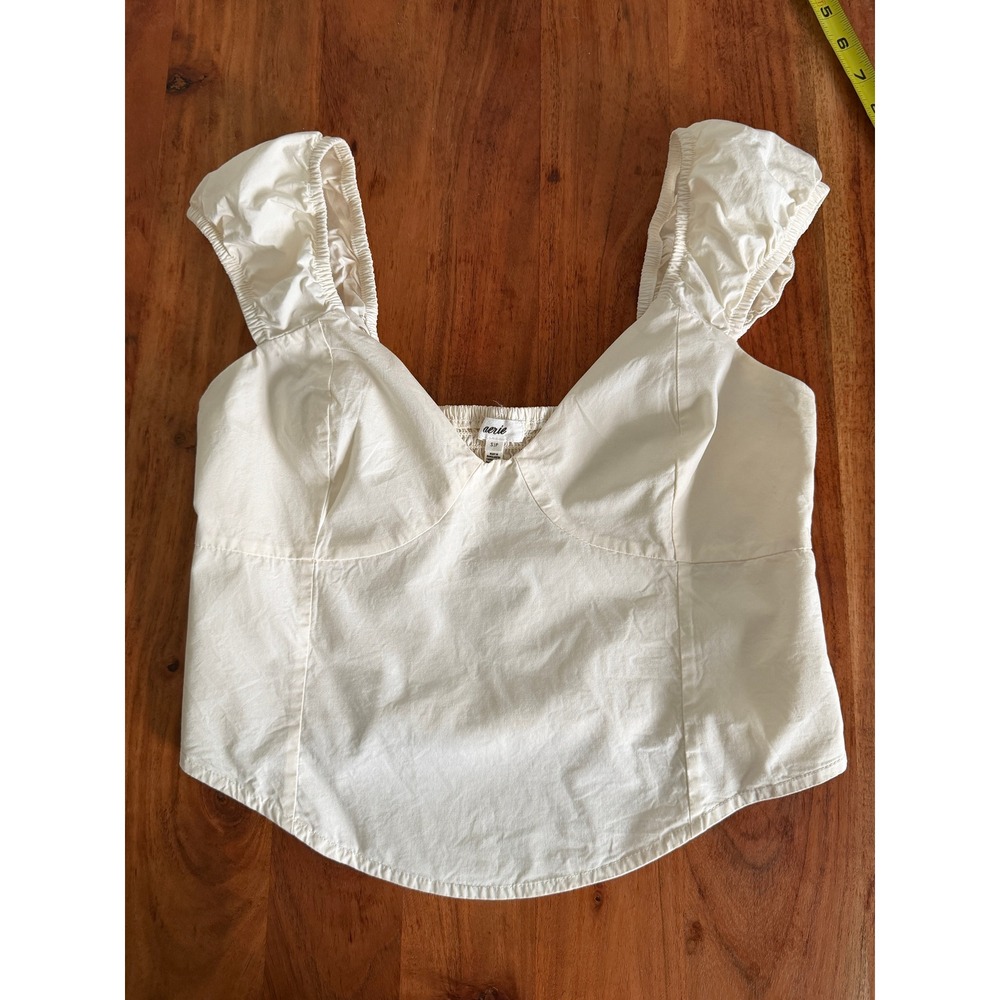 Aerie Corset Crop Top Cap Sleeve Cream Babydoll Smocked SP Boho Concerts Western